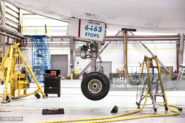 The nose gear of a Boeing 767-300 airplane in a United Airlines maintenance hanger at Newark Liberty International Airport in Newark, New Jersey, US,...