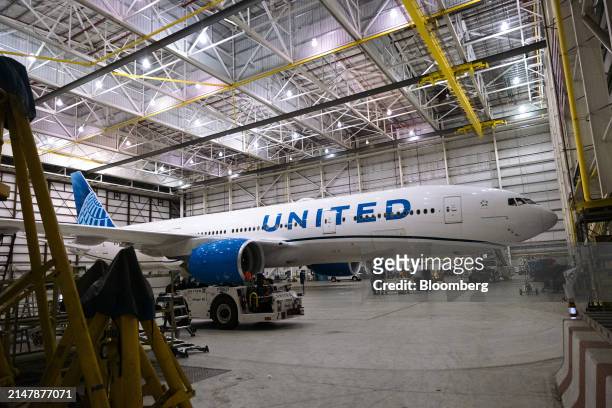 Boeing 777-200 airplane in a United Airlines maintenance hangar at Newark Liberty International Airport in Newark, New Jersey, US, on Tuesday, March...
