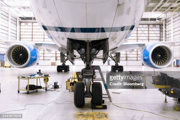The nose gear of a Boeing 777-200 airplane in a United Airlines maintenance hangar at Newark Liberty International Airport in Newark, New Jersey, US,...