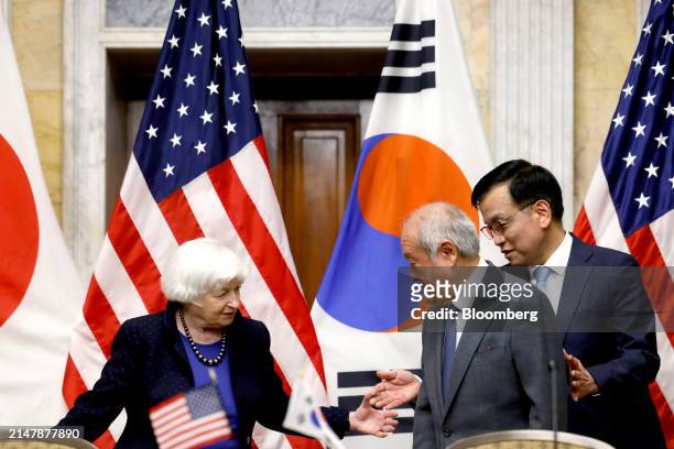Janet Yellen, US treasury secretary, from left, Shunichi Suzuki, Japan's finance minister, and Choi Sang-mok, South Korea's finance minister, arrive...