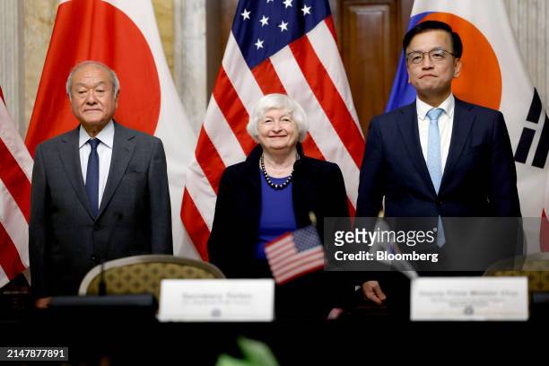 Shunichi Suzuki, Japan's finance minister, from left, Janet Yellen, US treasury secretary, and Choi Sang-mok, South Korea's finance minister, during...