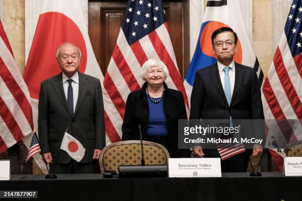 Japan's Finance Minister Shun'ichi Suzuki , U. S. Treasury Secretary Janet Yellen, and South Korea's Minister of Economy and Finance Sangmok Choi...