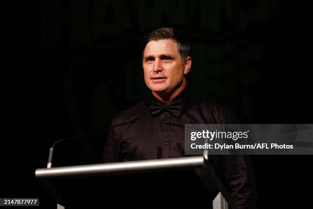 Shane Crawford, Hawthorn FC Hall of Fame Inductee speaks during the 2024 Hawthorn Football Club Hall of Fame function at Plaza Ballroom on April 17,...