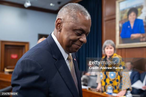 Secretary of Defense Lloyd Austin arrives for a House Appropriations Committee hearing on Capitol Hill on April 17, 2024 in Washington, DC. Austin is...
