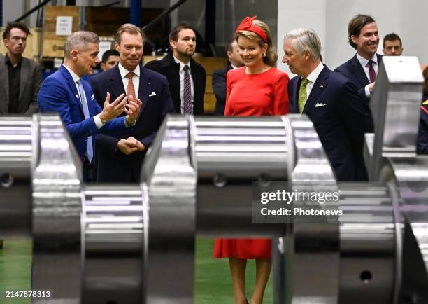 Kng Philippe and Queen Mathilde together with Grand Duke Henri of Luxembourg visit the Anglo Belgian Corporation in Ghent they are guided by Tim...