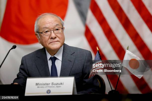 Shunichi Suzuki, Japan's finance minister, during a trilateral meeting with Janet Yellen, US treasury secretary, and Choi Sang-mok, South Korea's...