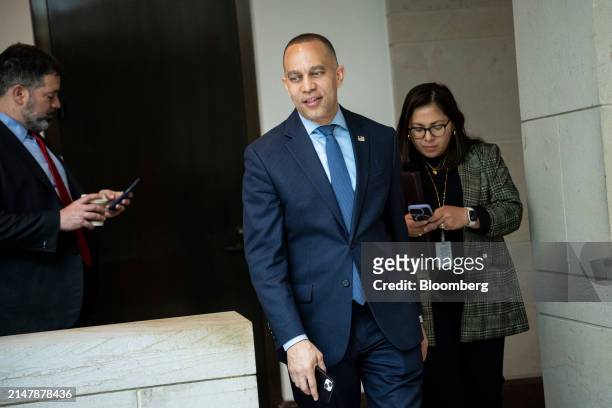 Representative Hakeem Jeffries, a Democrat from New York, center, at the US Capitol in Washington, DC, US, on Wednesday, April 17, 2024. US House...