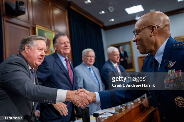 Chairman of the Joint Chiefs of Staff General Charles Q. Brown, Jr., greets Chairman Ken Calvert and full committee Chairman Tom Cole as he arrives...