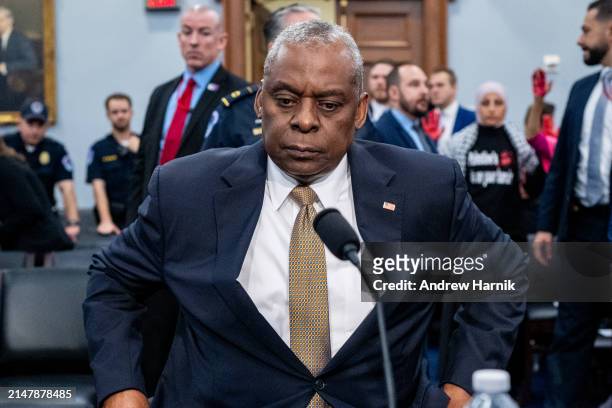 Secretary of Defense Lloyd Austin arrives for a House Appropriations Committee hearing on Capitol Hill on April 17, 2024 in Washington, DC. Austin is...