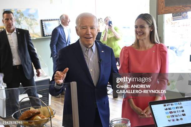 President Joe Biden visits Zummo's Cafe with Scranton, Pennsylvania, Mayor Paige Cognetti before departing for Pittsburgh, on April 17, 2024. Biden...