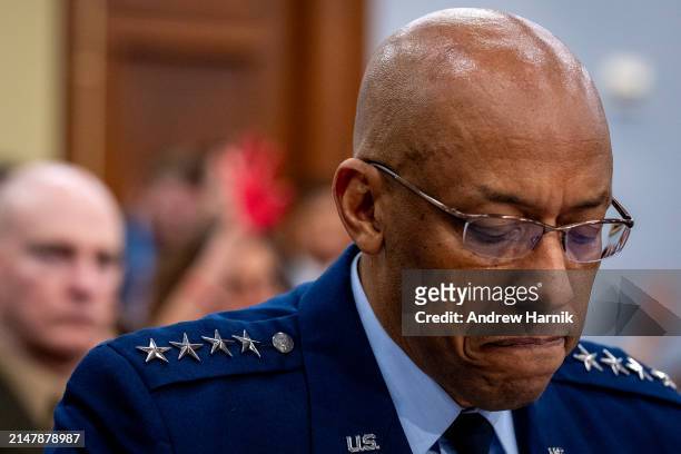 Chairman of the Joint Chiefs of Staff General Charles Q. Brown, Jr., pauses while speaking at a House Appropriations Committee hearing on Capitol...