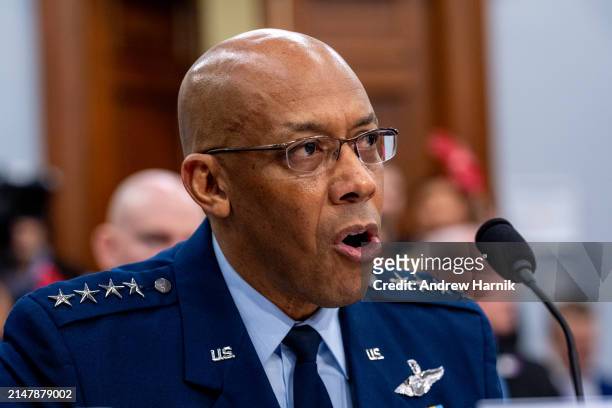 Chairman of the Joint Chiefs of Staff General Charles Q. Brown, Jr., speaks at a House Appropriations Committee hearing on Capitol Hill on April 17,...