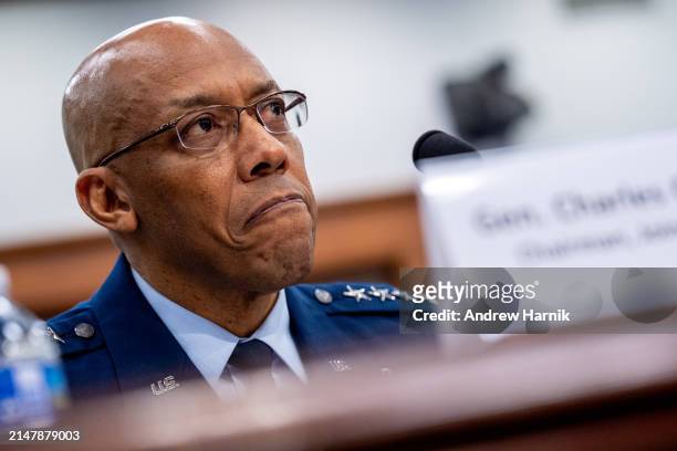 Chairman of the Joint Chiefs of Staff General Charles Q. Brown, Jr., appears at a House Appropriations Committee hearing on Capitol Hill on April 17,...