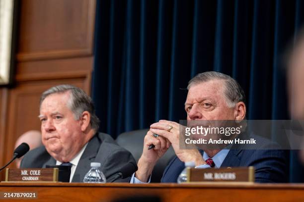 Chairman Ken Calvert and full committee Chairman Tom Cole appear at a House Appropriations Committee hearing on Capitol Hill on April 17, 2024 in...