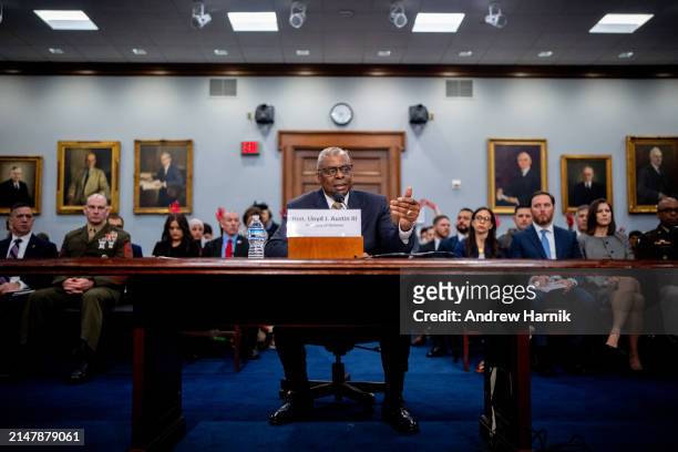 Secretary of Defense Lloyd Austin speaks at a House Appropriations Committee hearing on Capitol Hill on April 17, 2024 in Washington, DC. Austin is...
