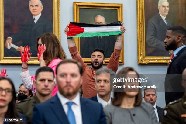 Protesters from the group Code Pink disrupt U.S. Secretary of Defense Lloyd Austin as he speaks at a House Appropriations Committee hearing on...
