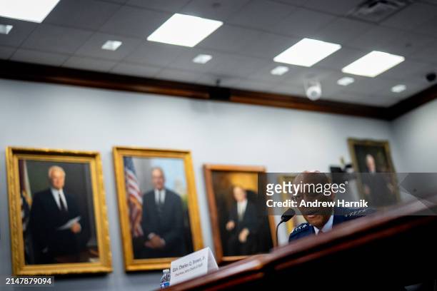 Chairman of the Joint Chiefs of Staff General Charles Q. Brown, Jr., speaks at a House Appropriations Committee hearing on Capitol Hill on April 17,...