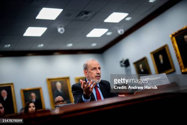 Department of Defense Comptroller Michael McCord speaks at a House Appropriations Committee hearing on Capitol Hill on April 17, 2024 in Washington,...