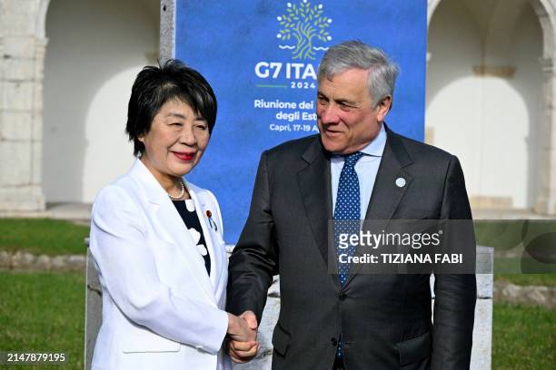 Japanese Foreign Affairs Minister Yoko Kamikawa is welcomed by Italian Foreign Affairs Minister Antonio Tajani as he arrives to attend the G7 foreign...
