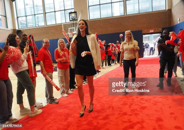 Caitlin Clark and Christie Sides of the Indiana Fever arrive at Gainbridge Fieldhouse prior to Clark's introductory press conference on April 17,...