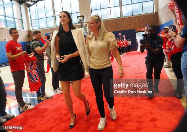 Caitlin Clark and Christie Sides of the Indiana Fever arrive at Gainbridge Fieldhouse prior to Clark's introductory press conference on April 17,...