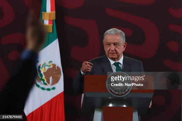 President Andres Manuel Lopez Obrador is speaking at the morning conference in front of reporters at the National Palace in Mexico City, Mexico, on...