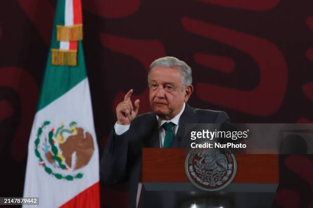 President Andres Manuel Lopez Obrador is speaking at the morning conference in front of reporters at the National Palace in Mexico City, Mexico, on...