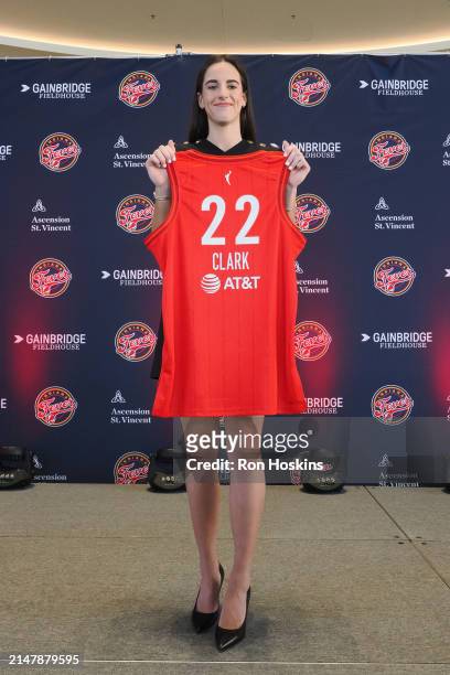 Caitlin Clark of the Indiana Fever poses for a photo during her introductory press conference on April 17, 2024 at Gainbridge Fieldhouse in...