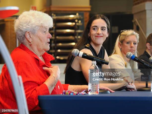 Lin Dunn and Caitlin Clark of the Indiana Fever talk to the media during an introductory press conference on April 17, 2024 at Gainbridge Fieldhouse...