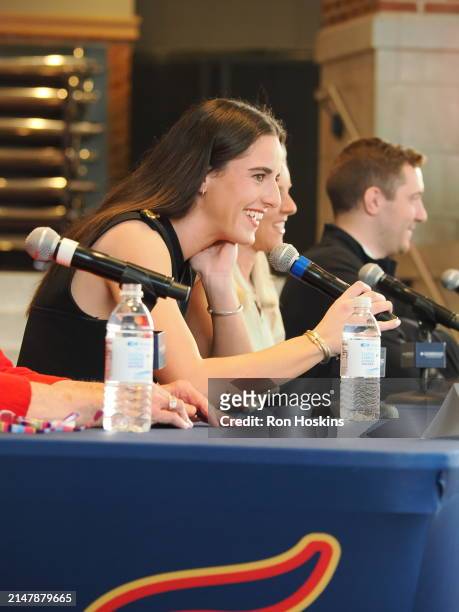 Caitlin Clark of the Indiana Fever talks to the media during an introductory press conference on April 17, 2024 at Gainbridge Fieldhouse in...