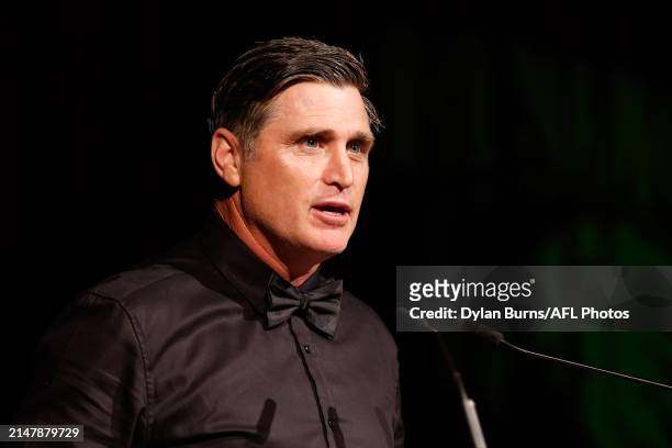 Shane Crawford, Hawthorn FC Hall of Fame Inductee speaks during the 2024 Hawthorn Football Club Hall of Fame function at Plaza Ballroom on April 17,...