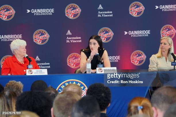 Lin Dun;Caitlin Clark and Christie Sides of the Indiana Fever talk to the media during an introductory press conference on April 17, 2024 at...