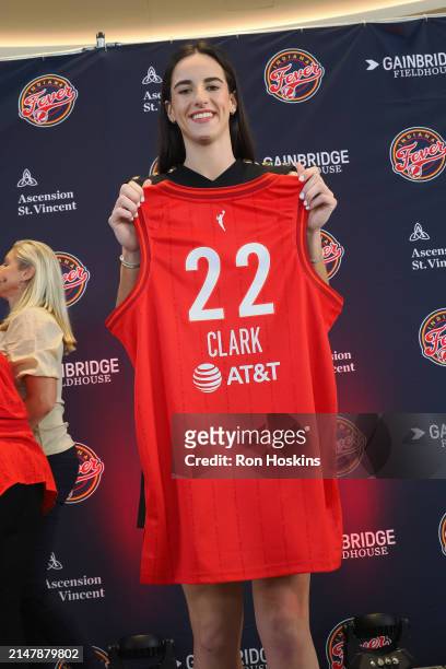 Caitlin Clark of the Indiana Fever poses for a photo during her introductory press conference on April 17, 2024 at Gainbridge Fieldhouse in...