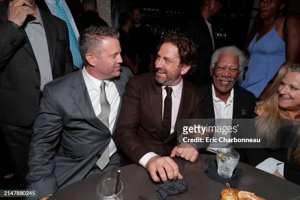Ric Roman Waugh, Writer/Director, Gerard Butler, Morgan Freeman seen at The World Premiere of Lionsgate's ANGEL HAS FALLEN at Regency Village...