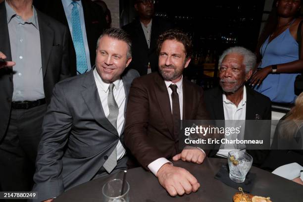 Ric Roman Waugh, Writer/Director, Gerard Butler, Morgan Freeman seen at The World Premiere of Lionsgate's ANGEL HAS FALLEN at Regency Village...