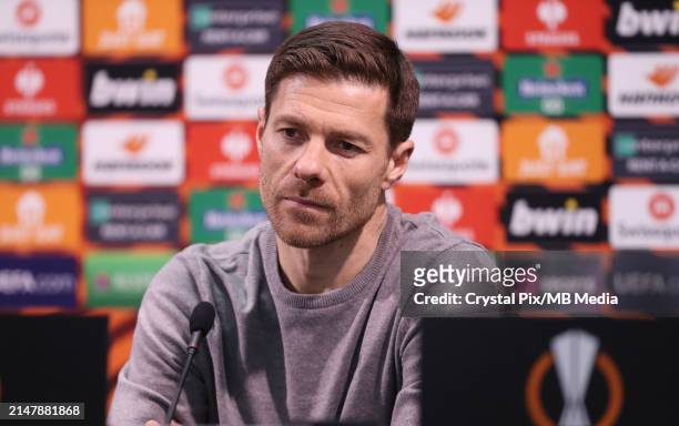 Xabi Alonso, Manager of Bayer 04 Leverkusen during the pre match press conference ahead of their UEFA Europa League 2023/24 Quarter-Final second leg...