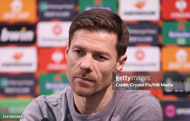 Xabi Alonso, Manager of Bayer 04 Leverkusen during the pre match press conference ahead of their UEFA Europa League 2023/24 Quarter-Final second leg...