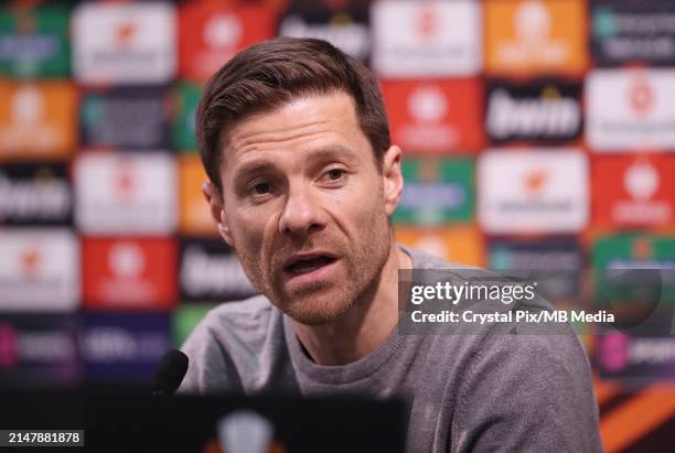 Xabi Alonso, Manager of Bayer 04 Leverkusen during the pre match press conference ahead of their UEFA Europa League 2023/24 Quarter-Final second leg...