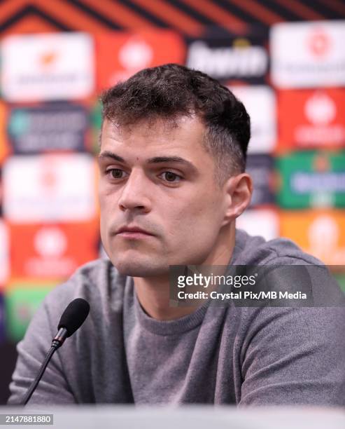 Granit Xhaka of Bayer 04 Leverkusen during the pre match press conference ahead of their UEFA Europa League 2023/24 Quarter-Final second leg match...