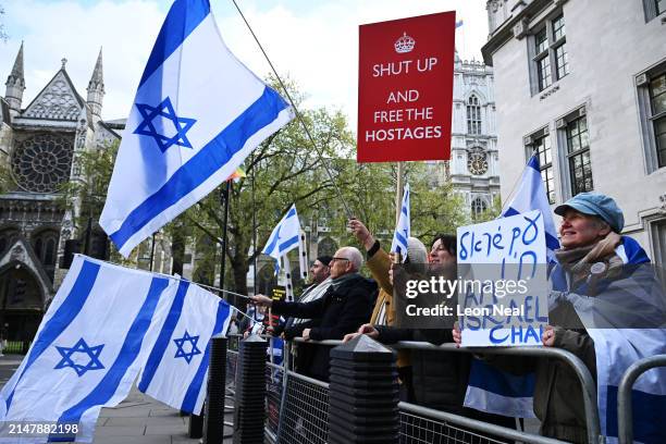 Pro-Israel counter protest is held in a corner of Parliament Square ahead of a Stop the War Coalition demonstration on April 17, 2024 in London,...