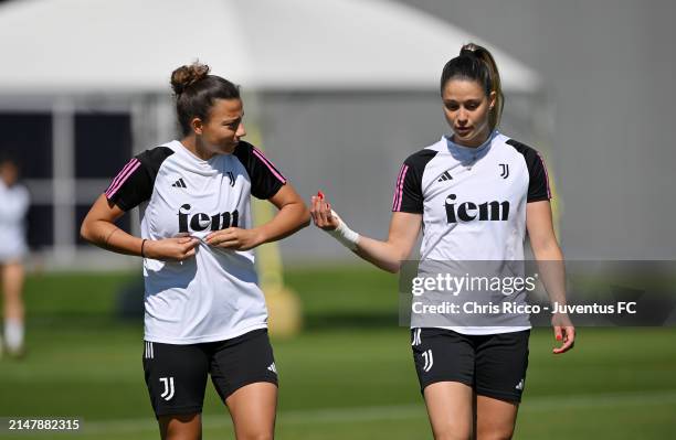 Arianna Caruso of Juventus and Viola Calligaris during the Juventus Women Training Session at Juventus Centre, Vinovo on April 17, 2024 in Turin,...