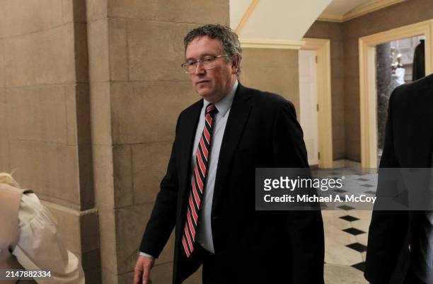 Rep. Thomas Massie walks to Speaker of the House Mike Johnson's office at the U.S Capitol on April 17, 2024 in Washington, DC. House Republicans...