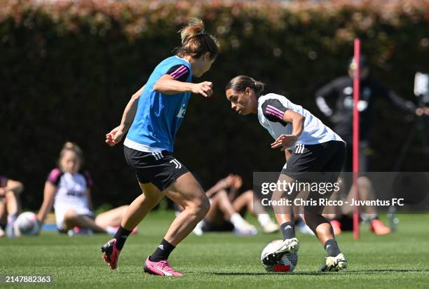 Estelle Cascarino of Juventus Women evades challenge from Cristiana Girelli of Juventus Women during the Juventus Women Training Session at Juventus...