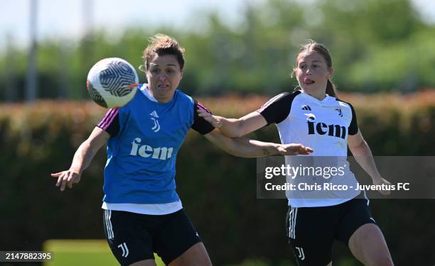 Cristiana Girelli of Juventus Women challenged by Elsa Pelgander during the Juventus Women Training Session at Juventus Centre, Vinovo on April 17,...