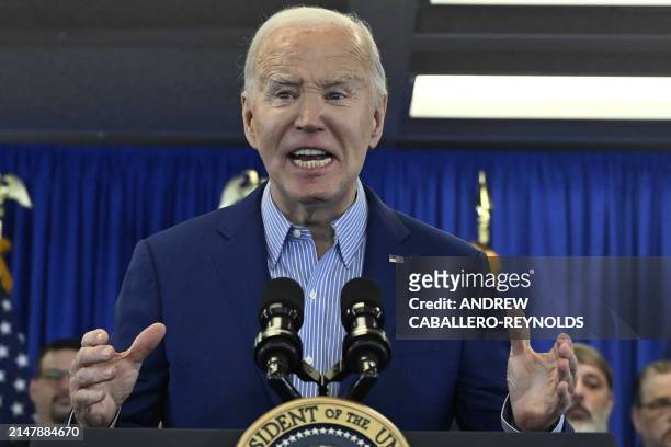 President Joe Biden speaks during an event at the United Steelworkers Headquarters in Pittsburgh, Pennsylvania, on April 17, 2024. Biden is urging a...