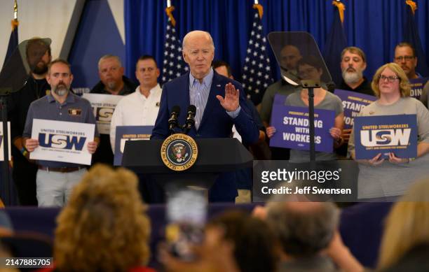 President Joe Biden speaks to members of the United Steel Workers Union at the United Steel Workers Headquarters on April 17, 2024 in Pittsburgh,...