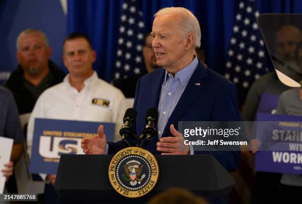 President Joe Biden speaks to members of the United Steel Workers Union at the United Steel Workers Headquarters on April 17, 2024 in Pittsburgh,...