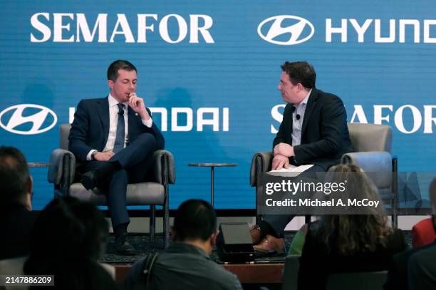Secretary of Transportation Pete Buttigieg, and Ben Smith, Co-Founder and Editor-In-Chief of Semafor, speak during a chat at The Semafor 2024 World...
