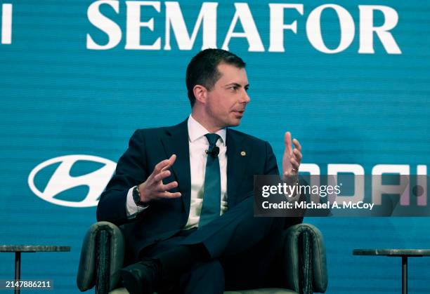 Secretary of Transportation Pete Buttigieg, speaks during a chat at The Semafor 2024 World Economy Summit on April 17, 2024 in Washington, DC. At...