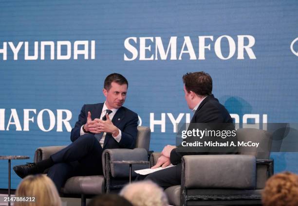 Secretary of Transportation Pete Buttigieg, and Ben Smith, Co-Founder and Editor-In-Chief of Semafor, speak during a chat at The Semafor 2024 World...